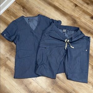Figs heather denim scrub top/pants
